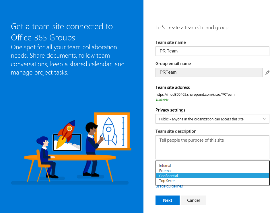 Die Klassifizierung von Gruppen lässt sich derzeit nur bei der Erstellung einer SharePoint Team Site, via Microsoft Teams oder über den Edit-Dialog einer Gruppe festlegen.