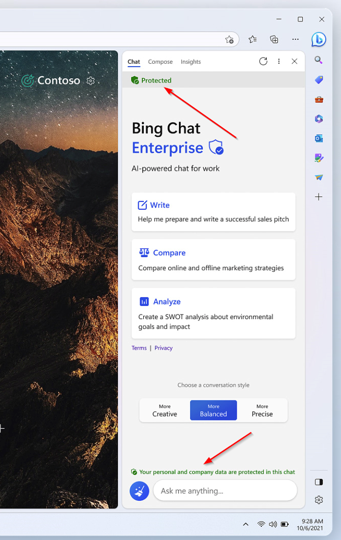 Als kostengünstige Alternative zum Microsoft 365 Copilot bietet Bing Chat Enterprise ebenfalls eine sichere KI-Chatbot-Umgebung für Unternehmen.