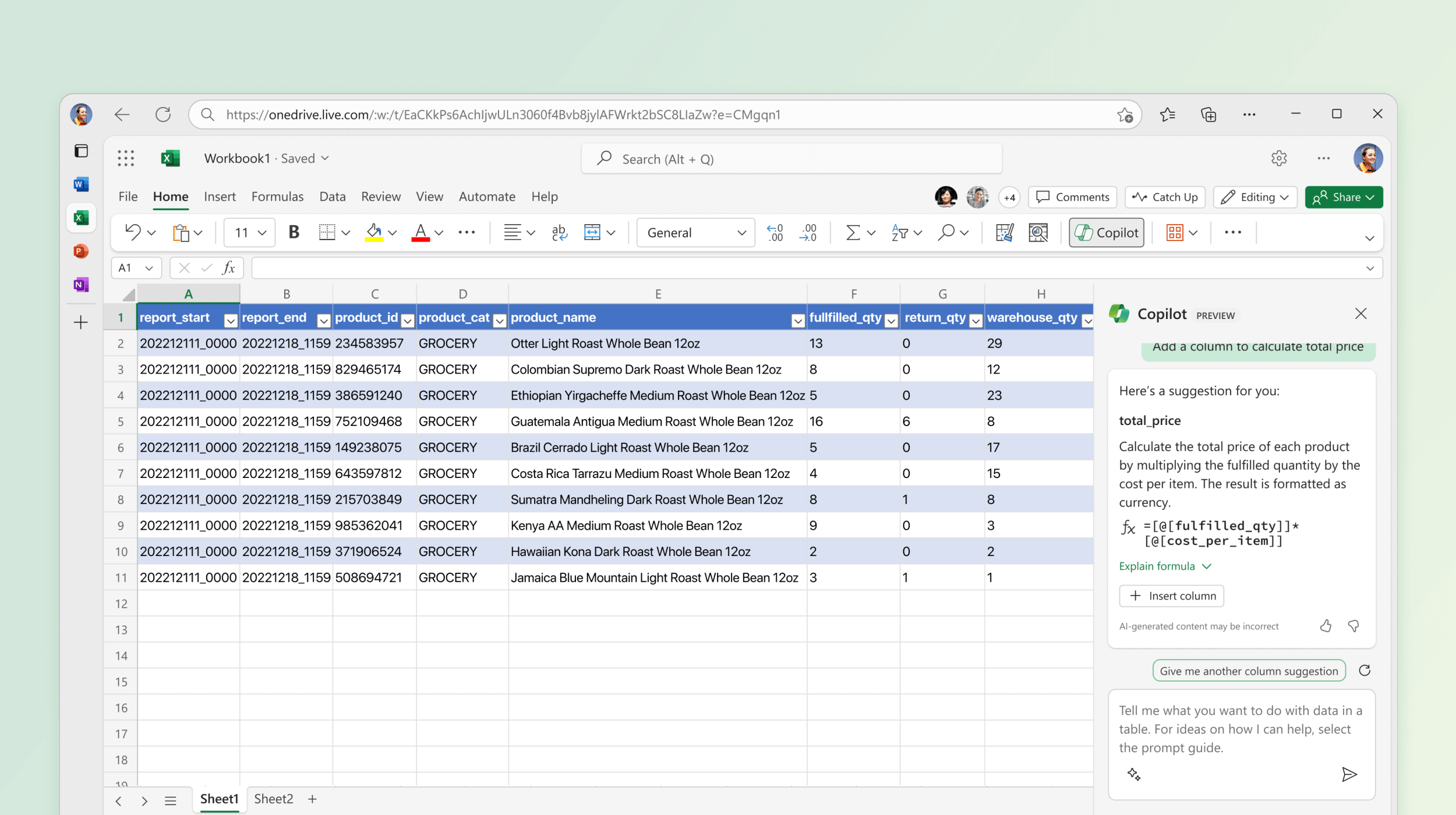Copilot in Excel unterstützt beim Erstellen von Formeln und Aufbauen von Tabellen.